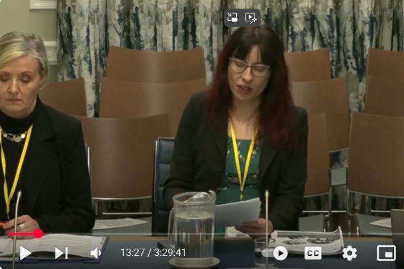 woman in glasses and black jacket, with long dark hair and fringe, seated at a desk as she presents evidence to a committee meeting